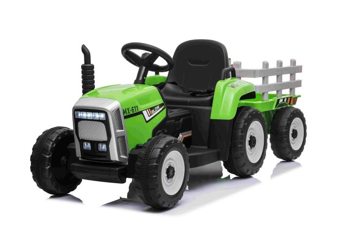 Elektrischer Traktor WORKERS mit Anhänger, Grün, Hinterradantrieb, 12-V- Batterie, Rädern, breitem Sitz, 2,4-GHz-Fernbedienung, MP3-Player mit  Bluetooth und SD-Eingang, LED-Leuchten