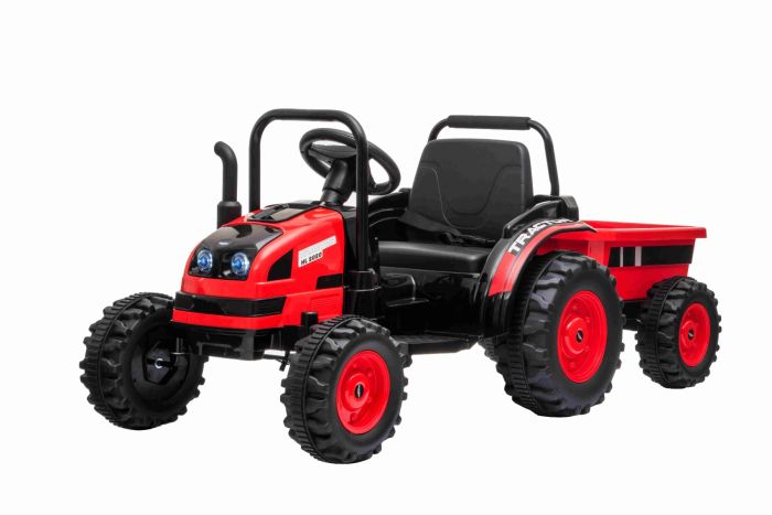 Elektrischer Traktor POWER mit Anhänger, Rot, Hinterradantrieb, 12-V- Batterie, Kunststoffräder, breiter Sitz, 2,4-GHz-Fernbedienung, MP3-Player  mit USB, Vorderradaufhängung, LED-Leuchten