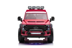 Kinder-Elektroauto Ford Super Duty 24V rot, Zweisitzer, 4X4-Antrieb mit leistungsstarken 24V-Motoren, Kunstledersitze, EVA-Doppelhinterrädern, 2,4 GHz-Fernbedienung, LED-Lichtrampe, MP3-Player mit USB-Eingang, ORIGINAL-Lizenz