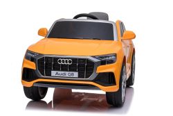 Elektrische Spielzeug Auto Audi Q8, Orange, original lizenziert, Ledersitz, öffnende Türen, 2 x 25 W Motor, 12 V Batterie, 2,4 GHz Fernbedienung, weiche EVA-Räder, LED-Leuchten, sanfter Start, ORIGINAL-Lizenz