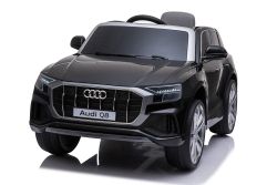Elektrische Spielzeug Auto Audi Q8, schwarz, original lizenziert, Kunstledersitz, öffnende Türen, 2 x 25 W Motor, 12 V Batterie, 2,4 GHz Fernbedienung, weiche EVA-Räder, LED-Leuchten, sanfter Start, ORIGINAL-Lizenz