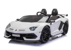  Elektroauto für Kinder Lamborghini Aventador 12V für zwei Benutzer, weiss, vertikal öffnende Türen, 2 x 12V Motor, 12V Batterie, 2,4 GHz Fernbedienung, weiche EVA-Räder, Federung, Sanftanlauf, MP3-Player mit USB, Original lizenziert