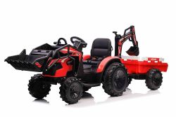 Elektrischer Traktor TOP-WORKER 12V mit Front-/Hecklader und Anhänger, Einsitzer, rot, 2,4-GHz-Fernbedienung, weicher PU-Sitz, MP3-Player mit USB-Eingang, Hinterradantrieb, 2 x 45W Motor, EVA-Räder, 12V / 10Ah Akku