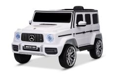 Elektrisches Kinderauto Mercedes G Neu, Weiß, Original lizenziert, Batteriebetrieben, Öffnende Türen, Einzelsitz, 2x Motor, Lithiumbatterie, 2,4 GHz Fernbedienung, Hinterradfederung, Sanftes Anfahren