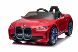 Elektro-Rutschauto BMW i4, rot , 2,4-GHz-Fernbedienung, USB / AUX / Bluetooth, Hinterradaufhängung, 12-V-Batterie, LED-Leuchten, 2 x 25-W-Motor, ORIGINAL-Lizenz