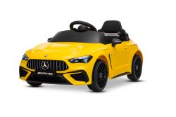 Elektrisches Kinderfahrzeug Mercedes CLE 12V mit Hinterradantrieb, gelb, Einsitzer, Lithium-Akku, LED-Beleuchtung, breiter Sitz, 2,4-GHz-Fernbedienung, MP3-Player mit USB/AUX-Eingang und Bluetooth-Verbindung, ORIGINAL-Lizenz