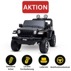Elektroauto für Kinder JEEP Wrangler, Schwarz, Doppelsitz aus Kunstleder Kunstleder Türen öffnen, Radio mit Bluetooth- und USB-Eingang, Allradantrieb, Lithium-Batterie, EVA-Räder, Aufhängungsachsen, 2,4-GHz-Fernbedienung, Lizenziert