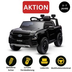 Elektro-Kinderauto FORD Ranger 12V, Schwarz, Ledersitz, 2,4-GHz-Fernbedienung, Bluetooth-/USB-Eingang, Federung, 12-V-Batterie, Kunststoffräder, 2 x 30-W-Motoren, ORIGINAL-Lizenz