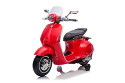 Elektrischer Aufsitz-Scooter Vespa 946 mit Rückwärtsgang, rot, lizenziert, Zusatzräder, Lithiumbatterie, 2 x 30-W-Motoren, Ledersitz, MP3-Player mit USB-Eingang