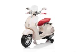 Elektrischer Aufsitz-Scooter Vespa 946 mit Rückwärtsgang, Weiß, lizenziert, Zusatzräder, Lithiumbatterie, 2 x 30-W-Motoren, Ledersitz, MP3-Player mit USB-Eingang