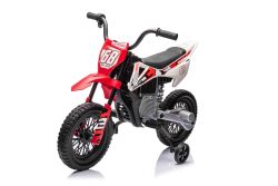 Elektromotorrad für Kinder MOTOCROSS, Rot, 12-V-Batterie, weiche EVA-Räder, Ledersitz, 2 x 25-W-Motor, Federung, Metallrahmen, MP3-Player mit Bluetooth, Hilfsräder