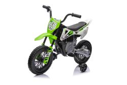 Elektromotorrad für Kinder-MOTOCROSS, grün, 12-V-Batterie, weiche EVA-Räder, Ledersitz, 2 x 25-W-Motor, Federung, Metallrahmen, MP3-Player mit Bluetooth, Hilfsräder