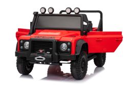 Elektrisches Kinderfahrzeug Land Rover Defender 110 SVX 12V, rot, 4X4-Antrieb, LED-Lichter, Vorder- und Hinterradfederung, 2,4-GHz-Fernbedienung, USB/AUX-Eingang, Bluetooth, Lithium-Akku, 4 x 25W-Motor, ORIGINALE Lizenz