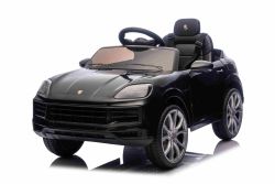 Elektrisches Ride-On Auto Porsche Cayenne 12V mit Hinterradantrieb – Lizenzmodell (Einzelsitz),  schwarz, Lithium-Batterie, breiter Sitz, gefederte Achsen, 2,4 GHz Fernbedienung, MP3-Player mit USB-/AUX-Eingang, LED-Leuchten