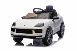 Elektrisches Ride-On Auto Porsche Cayenne 12V mit Hinterradantrieb – Lizenzmodell (Einzelsitz),  weiß, Lithium-Batterie, breiter Sitz, gefederte Achsen, 2,4 GHz Fernbedienung, MP3-Player mit USB-/AUX-Eingang, LED-Leuchten