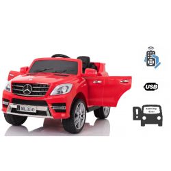 Elektroauto Kinder Mercedes-Benz ML 350, rot, Elektrofahrzeug, original lizenziert, batteriebetrieben, Öffnende Türen, Sitz aus Kunststoff, 2x Motor, 12-V-Batterie, 2,4-GHz-Fernbedienung, weicher Start, Dämpfung