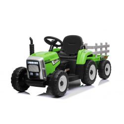 Kinder Elektroauto Traktor WORKERS mit Anhänger, Grün, Hinterradantrieb, 12-V-Batterie, Rädern, breitem Sitz, 2,4-GHz-Fernbedienung, MP3-Player und SD-Eingang, LED-Leuchten