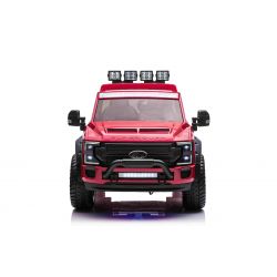 Kinder-Elektroauto Ford Super Duty 24V rot, Zweisitzer, 4X4-Antrieb mit leistungsstarken 24V-Motoren, Kunstledersitze, EVA-Doppelhinterrädern, 2,4 GHz-Fernbedienung, LED-Lichtrampe, MP3-Player mit USB-Eingang, ORIGINAL-Lizenz