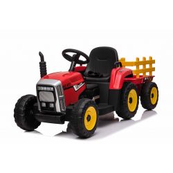 Kinder Elektroauto Traktor WORKERS mit Anhänger, Rot, Hinterradantrieb, 12-V-Batterie, Rädern, breitem Sitz, 2,4-GHz-Fernbedienung, MP3-Player und SD-Eingang, LED-Leuchten