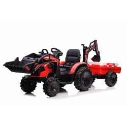Elektrischer Traktor TOP-WORKER 12V mit Front-/Hecklader und Anhänger, Einsitzer, rot, 2,4-GHz-Fernbedienung, weicher PU-Sitz, MP3-Player mit USB-Eingang, Hinterradantrieb, 2 x 45W Motor, EVA-Räder, 12V / 10Ah Akku