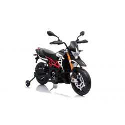 Elektromotorrad APRILIA DORSODURO 900, lizenziert, 12-V-Batterie, EVA-Weichräder, 2 x 18-W-Motoren, Federung, Metallrahmen, Metallgabel, Zusatzräder, Schwarz
