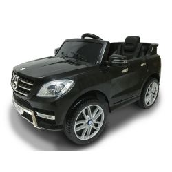 Kinder-Elektroauto Mercedes-Benz ML 350, Elektrofahrzeug schwarz, original lizenziert, batteriebetrieben, Öffnende Türen, Sitz aus Kunststoff, 2x Motor, 12-V-Batterie, 2,4-GHz-Fernbedienung, weicher Start, Dämpfung