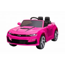 Kinder-Elektroauto Chevrolet Camaro, rosa, Originallizenz, 12V Batterie, öffnende Türen, Sitzfläche aus Kunstleder, 2x 35W Motor, LED-Leuchten, 2,4-GHz Fernbedienung, Weiche EVA-Räder, Sanftanlauf