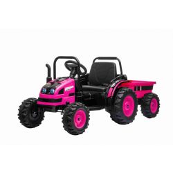 Elektrischer Traktor POWER mit Anhänger, Rosa, Hinterradantrieb, 12-V-Batterie, Kunststoffräder, breiter Sitz, 2,4-GHz-Fernbedienung, MP3-Player mit USB,  LED-Leuchten