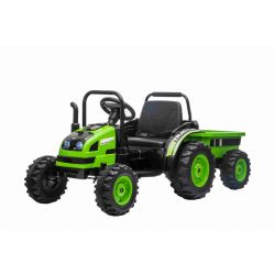 Elektrischer Traktor POWER mit Anhänger, Grün, Hinterradantrieb, 12-V-Batterie, Kunststoffräder, breiter Sitz, 2,4-GHz-Fernbedienung, MP3-Player mit USB,  LED-Leuchten