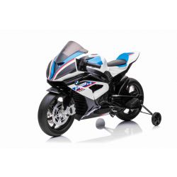 Kinder-Elektromotorrad BMW HP4 RACE 12V, lizenziert, weiß, 12V Batterie, EVA-Soft-Räder, 2 x 35W Motoren, Radaufhängung, Metallrahmen, Metallgabel, Hilfsräder