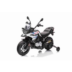 Elektromotorrad BMW F850 GS, lizenziert, 12-V-Batterie, weiche EVA-Räder, 2 x 35-W-Motoren, LED-Leuchten, Hilfsräder, MP3-Player mit USB/Aux-Eingang, weiß