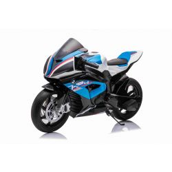 Kinder-Elektromotorrad BMW HP4 RACE 12V, lizenziert, blau, 12V Batterie, EVA-Soft-Räder, 2 x 35W Motoren, Radaufhängung, Metallrahmen, Metallgabel, Hilfsräder