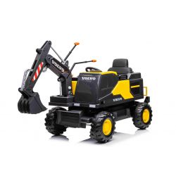 Elektrischer Bagger für Kinder Volvo Excavator 12V mit Baggerschaufel vorne, Einsitzer, gelb, weicher Kunstledersitz, MP3-Player mit USB/TF/AUX-Eingang, Heckantrieb, 2 x 35W Motor, EVA-Räder, 12V/14Ah Akku, lizenziert