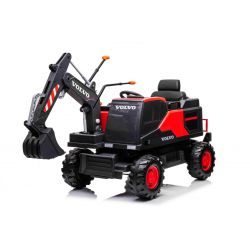 Elektrischer Bagger für Kinder Volvo Excavator 12V mit Baggerschaufel vorne, Einsitzer, rot, weicher Kunstledersitz, MP3-Player mit USB/TF/AUX-Eingang, Heckantrieb, 2 x 35W Motor, EVA-Räder, 12V/14Ah Akku, lizenziert