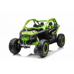 Elektro-Aufsitzauto Can-am Maverick, Grün, Zweisitzer, Vorder- und Hinterradfederung, 2,4-GHz-Fernbedienung, tragbarer Akku, 4 x 35-W-Motoren, EVA-Räder, verstellbarer Fahrersitz, MP3-Player mit USB/SD-Eingang, lizenziert