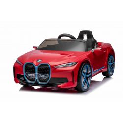 Elektro-Rutschauto BMW i4, rot , 2,4-GHz-Fernbedienung, USB / AUX / Bluetooth, Hinterradaufhängung, 12-V-Batterie, LED-Leuchten, 2 x 25-W-Motor, ORIGINAL-Lizenz