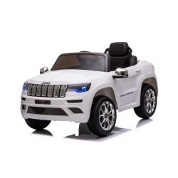 Kinder Elektroauto 12V Jeep Grand Cherokee, Weiss, Ledersitz, 2 x 35W Motor, Elektroauto für kinder mit 2,4 GHz Fernbedienung, MP3/USB/AUX Eingang, Elektrofahrzeuge für kinder ab 3 bis 7 jahre