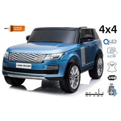 Elektro Kinderauto Range Rover, Blau lackiert, Doppelsitz aus Kunstleder, LCD-Display mit USB-Eingang, Allradantrieb, 2x 12V7Ah-Batterie, EVA-Räder, Aufhängungsachsen, Schlüsselstart, 2,4-GHz-Bluetooth-Fernbedienung