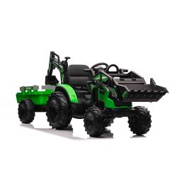 Elektrischer Traktor TOP-WORKER 12V mit Front-/Hecklader und Anhänger, Einsitzer, grün, 2,4-GHz-Fernbedienung, weicher PU-Sitz, MP3-Player mit USB-Eingang, Hinterradantrieb, 2 x 45W Motor, EVA-Räder, 12V / 10Ah Akku 