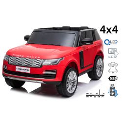 Elektro Kinderauto Range Rover, rot, Doppelsitz aus Kunstleder, LCD-Display mit USB-Eingang, Allradantrieb, 2x 12V7Ah-Batterie, EVA-Räder, Aufhängungsachsen, Schlüsselstart, 2,4-GHz-Bluetooth-Fernbedienung