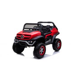 Elektro-Aufsitz-Spielzeugauto Mercedes-Benz UNIMOG - Rot, 2,4-GHz-Fernbedienung, 4 x 4, Zweisitzer, Federung, Startknopf, weiche EVA-Räder, USB, Bluetooth