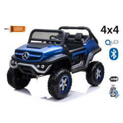 Elektro-Spielzeugauto Mercedes-Benz UNIMOG - Blau lackiert, 2,4-GHz-Fernbedienung, 4x4, Zweisitzer, Federung, Startknopf, weiche EVA-Räder, USB, Bluetooth