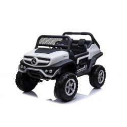 Elektro-Aufsitz-Spielzeugauto Mercedes-Benz UNIMOG - Weiß, 2,4-GHz-Fernbedienung, 4 x 4, Zweisitzer, Federung, Startknopf, weiche EVA-Räder, USB, Bluetooth