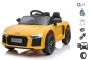 Elektroauto Audi R8 Small, Gelb, Originallizenz, Batteriebetrieben, Türen öffnend, 2x 25 W Motor, 12 V Batterie, 2,4 GHz Fernbedienung, weiche EVA-Räder, Federung, Sanftanlauf